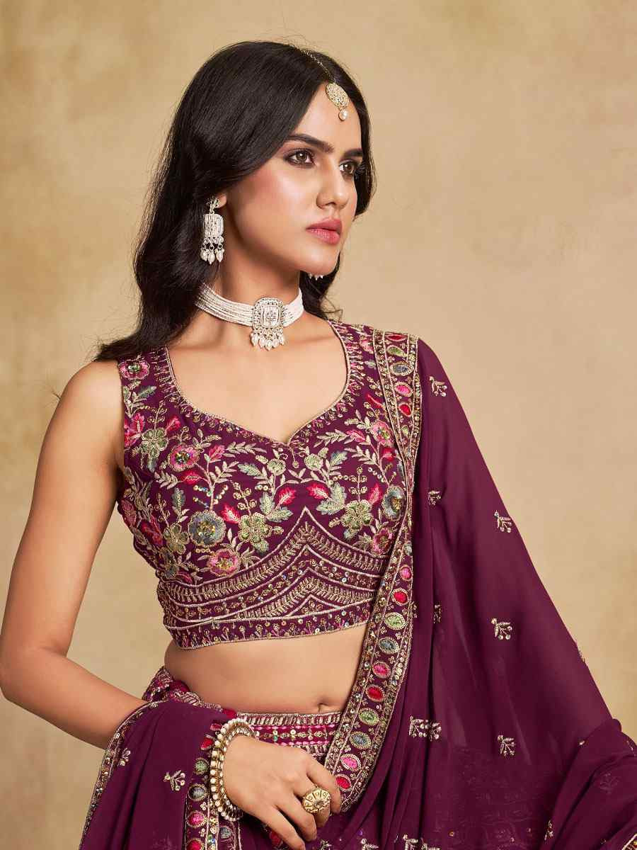 Maroon Georgette Embroidered Wedding Reception Festival Heavy Border Lehenga Choli