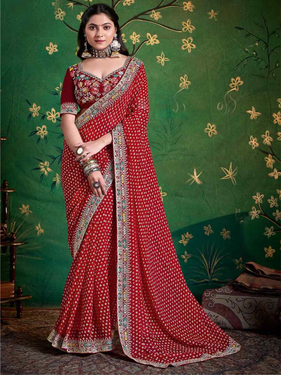Maroon Georgette Embroidery Bridal Reception Festival Wedding Fancy Heavy Border Saree