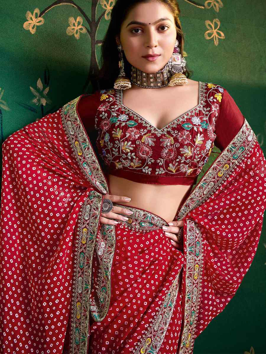 Maroon Georgette Embroidery Bridal Reception Festival Wedding Fancy Heavy Border Saree