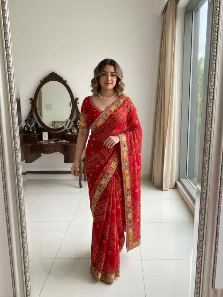 Image of Maroon Georgette Embroidery Printed Casual Reception Festival Wedding Fancy Classic Style Sarees