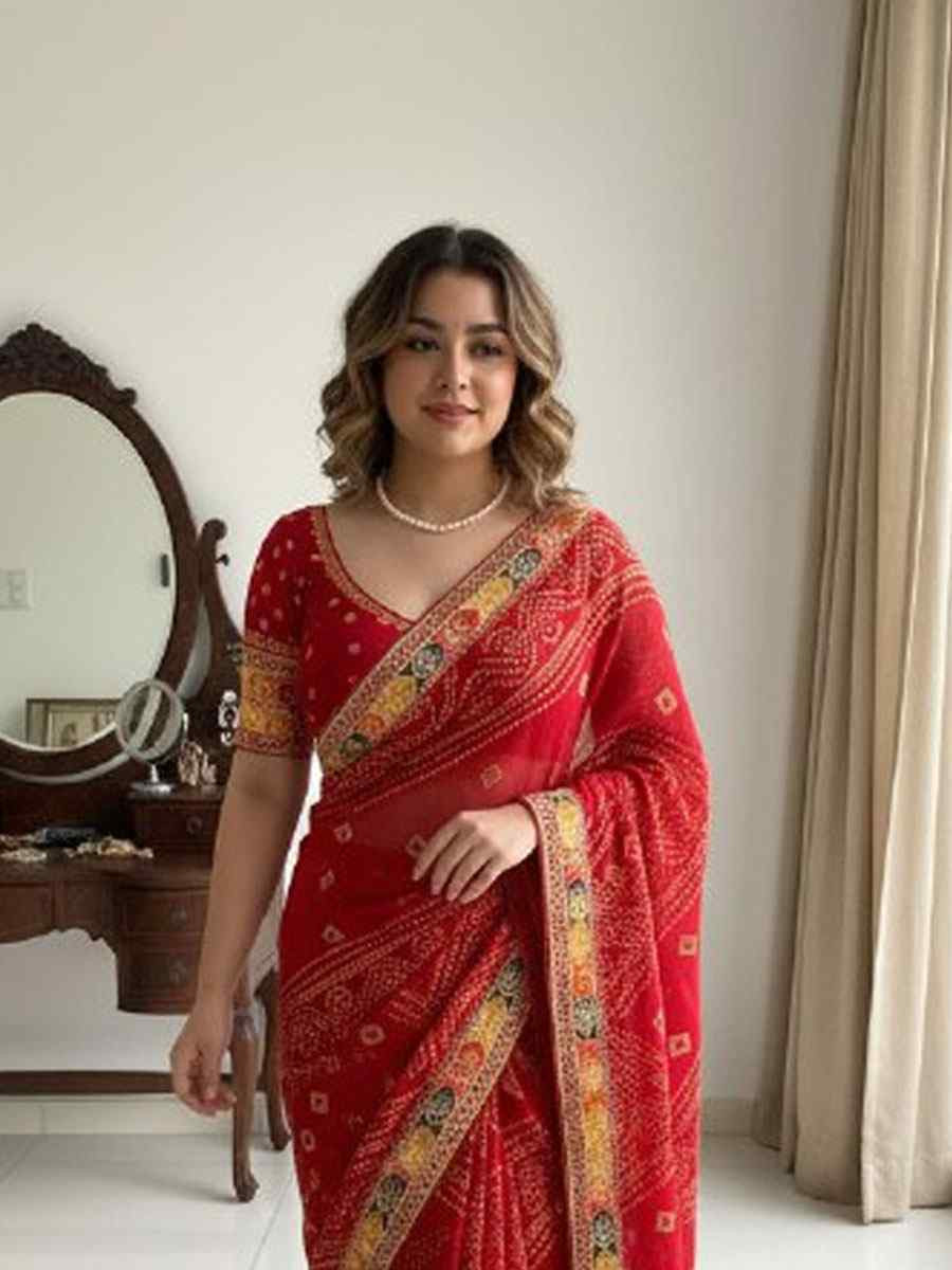 Maroon Georgette Embroidery Printed Casual Reception Festival Wedding Fancy Classic Style Sarees