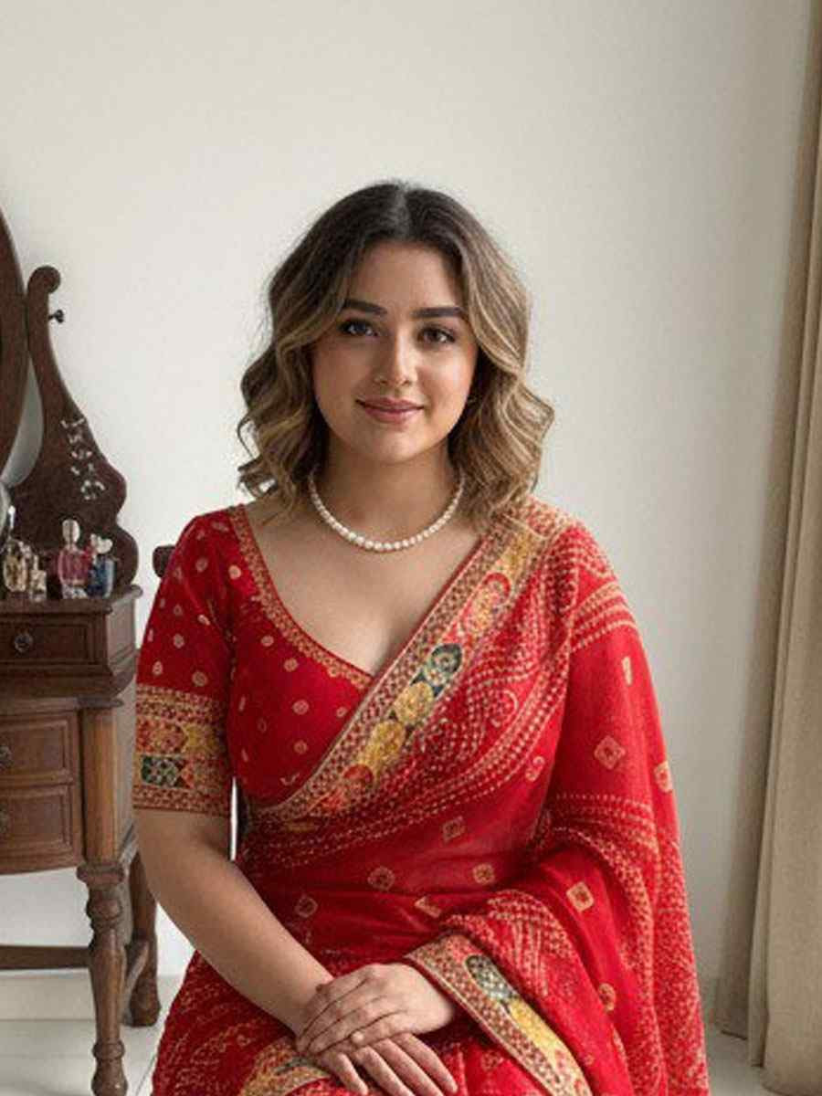 Maroon Georgette Embroidery Printed Casual Reception Festival Wedding Fancy Classic Style Sarees