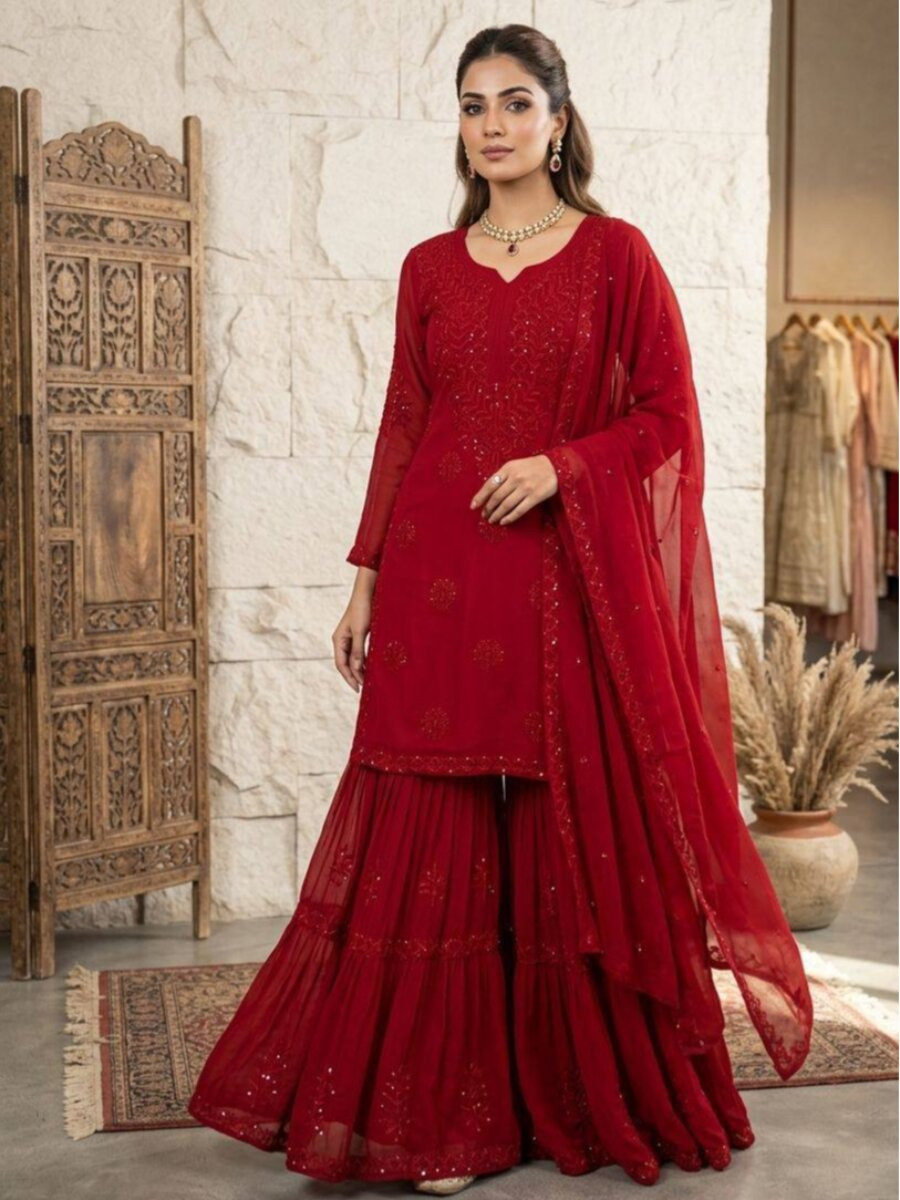 Maroon Georgette Embroidery Sequins Wedding Party Festival Casual Sharara Pant Salwar Kameez