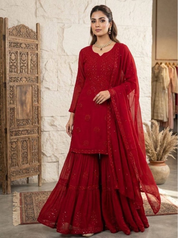 Image of Maroon Georgette Embroidery Sequins Wedding Party Festival Casual Sharara Pant Salwar Kameez