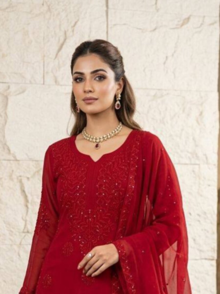 Maroon Georgette Embroidery Sequins Wedding Party Festival Casual Sharara Pant Salwar Kameez