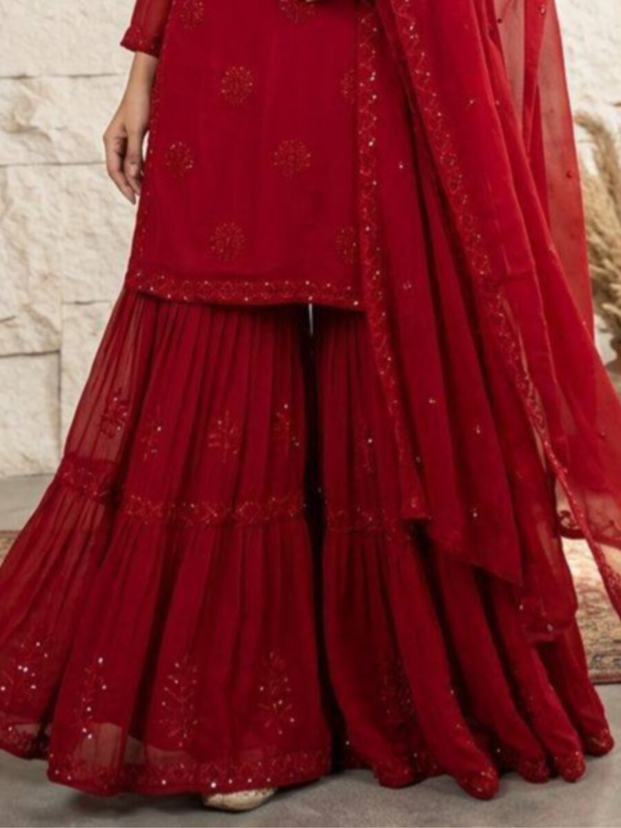 Maroon Georgette Embroidery Sequins Wedding Party Festival Casual Sharara Pant Salwar Kameez