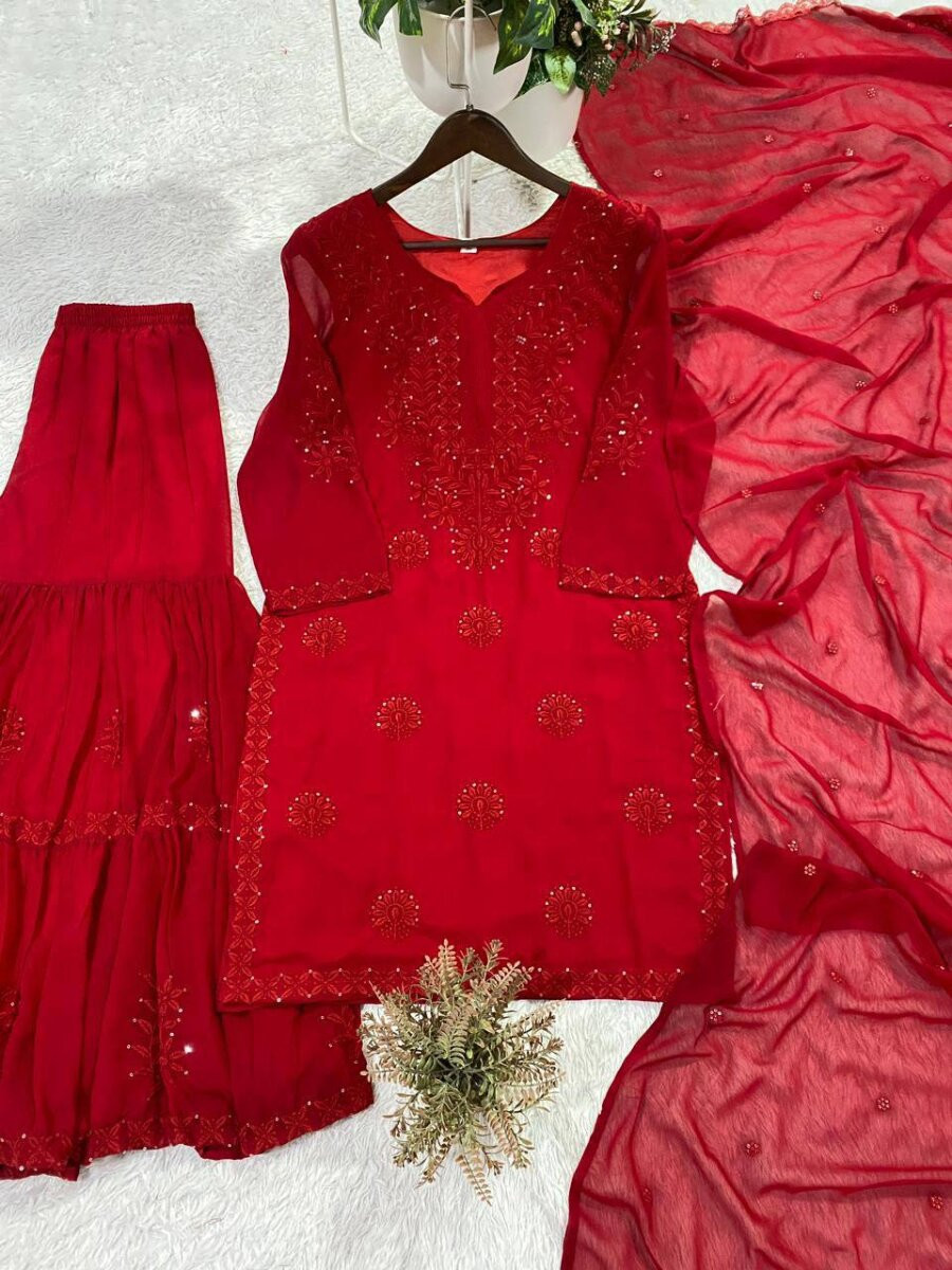 Maroon Georgette Embroidery Sequins Wedding Party Festival Casual Sharara Pant Salwar Kameez