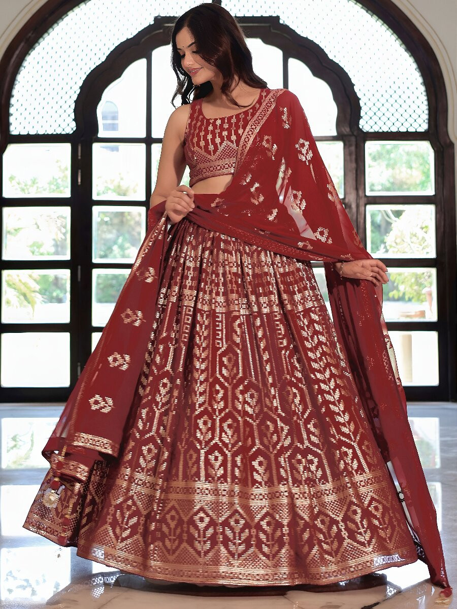 Maroon Georgette Embroidery Sequins Wedding Reception Party Festival Heavy Border Lehenga Choli