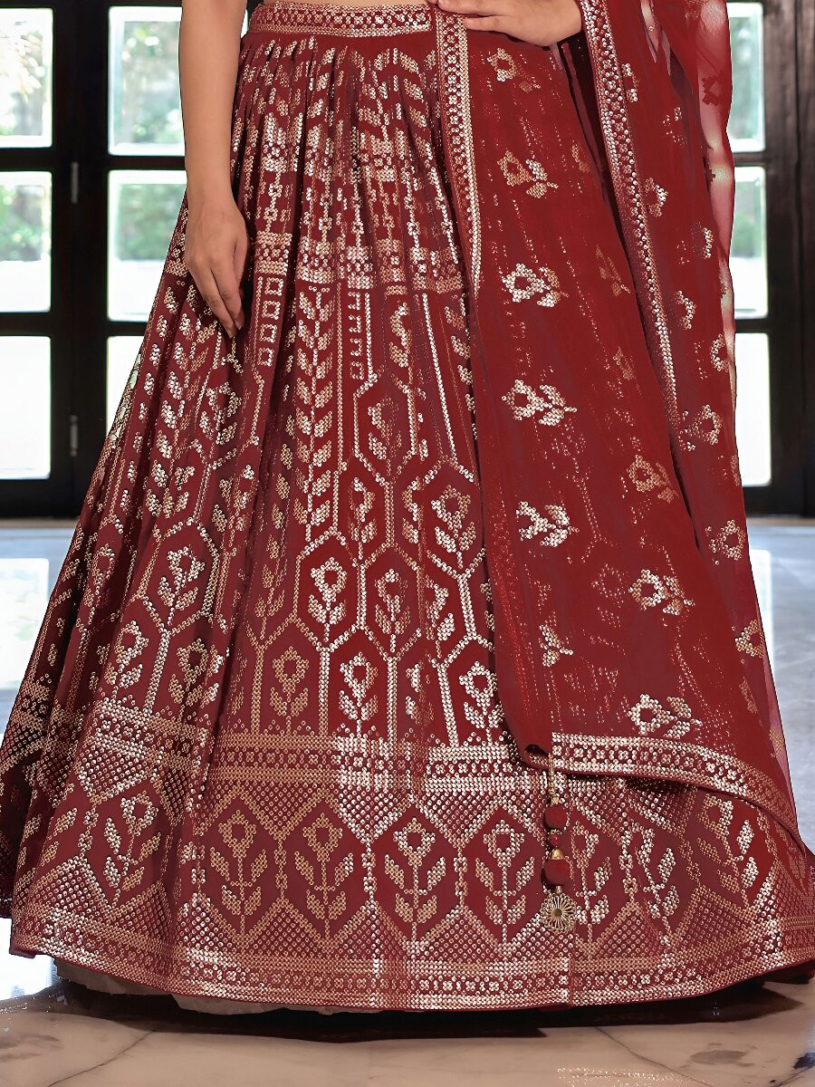 Maroon Georgette Embroidery Sequins Wedding Reception Party Festival Heavy Border Lehenga Choli