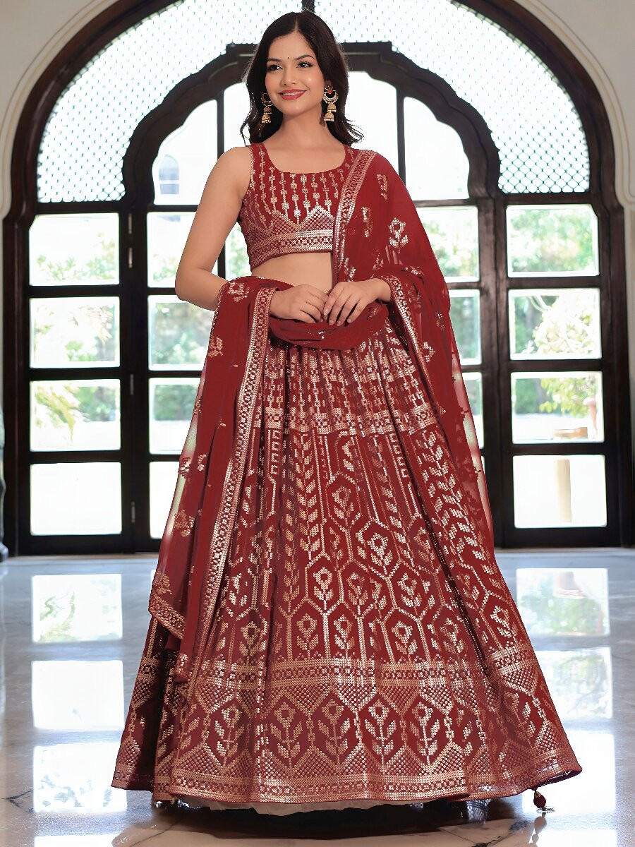 Maroon Georgette Embroidery Sequins Wedding Reception Party Festival Heavy Border Lehenga Choli