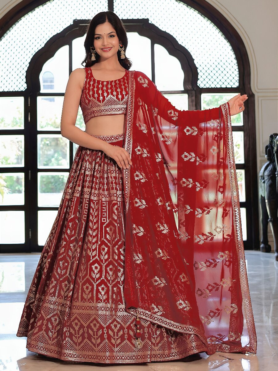 Maroon Georgette Embroidery Sequins Wedding Reception Party Festival Heavy Border Lehenga Choli