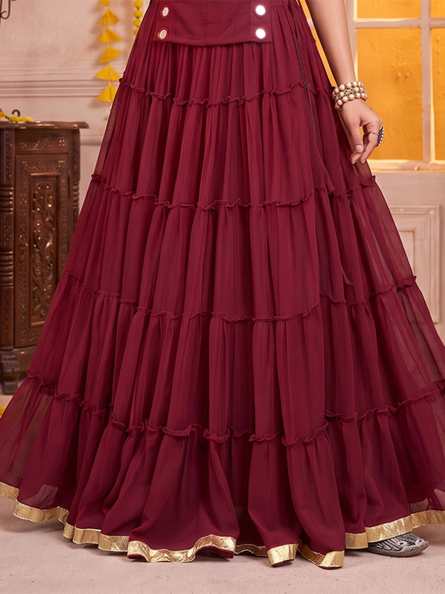 Maroon Georgette Mirror Wedding Reception Festival Party Wear Circular Lehenga Choli