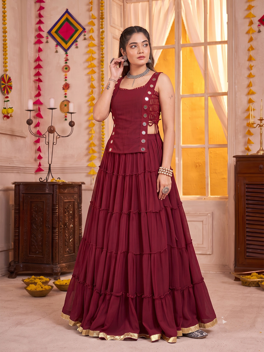 Maroon Georgette Mirror Wedding Reception Festival Party Wear Circular Lehenga Choli