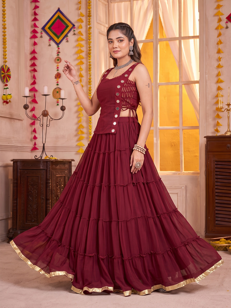 Maroon Georgette Mirror Wedding Reception Festival Party Wear Circular Lehenga Choli
