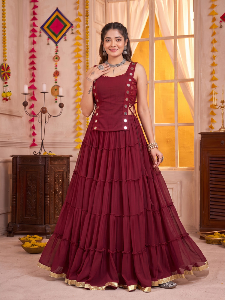 Image of Maroon Georgette Mirror Wedding Reception Festival Party Wear Circular Lehenga Choli
