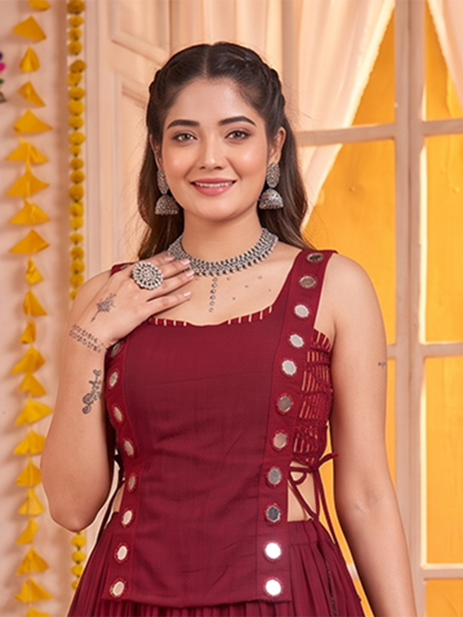 Maroon Georgette Mirror Wedding Reception Festival Party Wear Circular Lehenga Choli