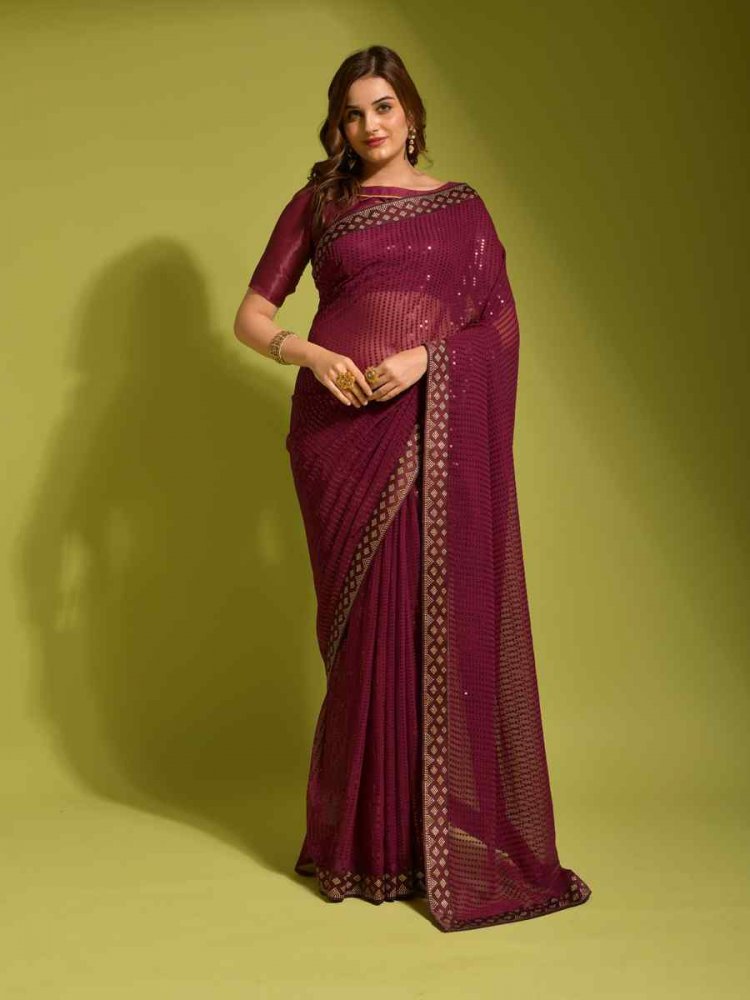Maroon Georgette Sequins Cocktail Party Classic Style Saree