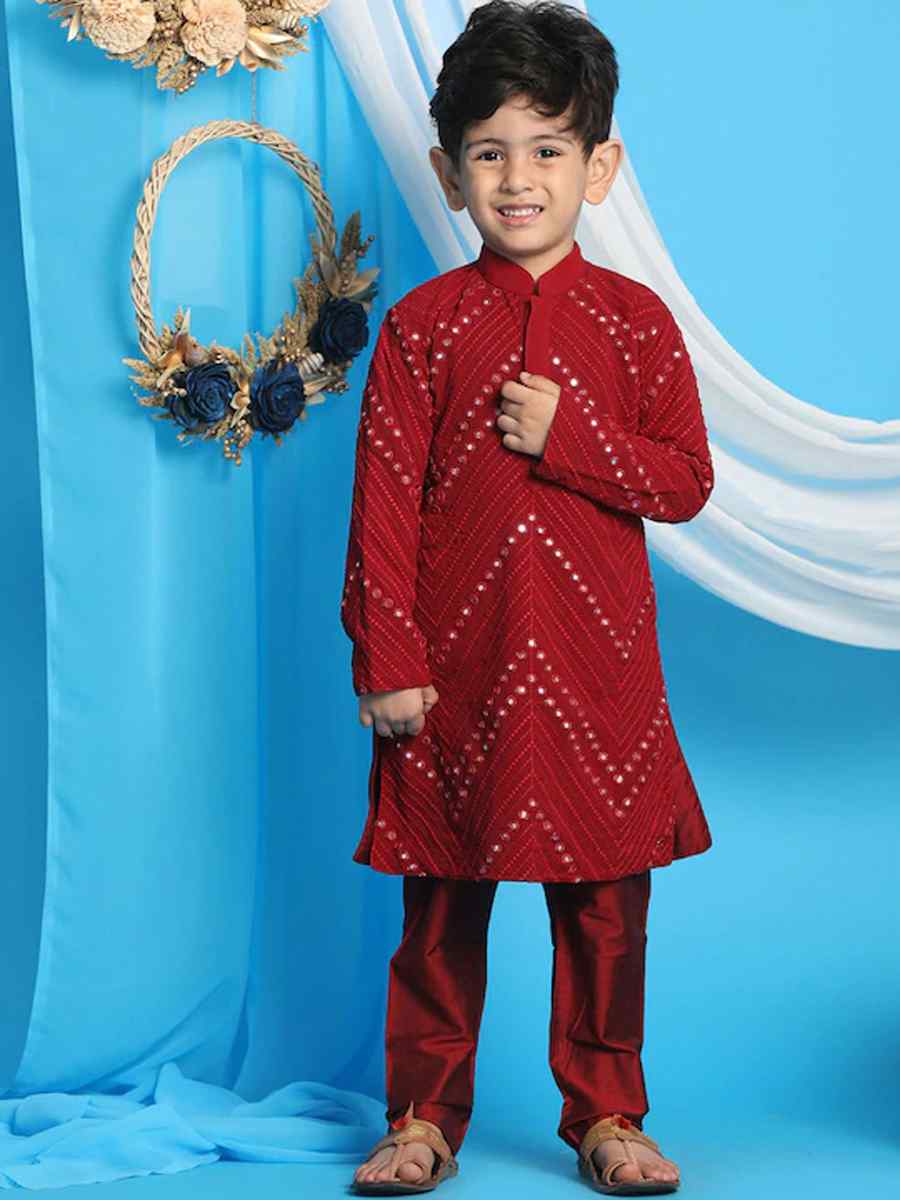 Maroon Georgette Sequins Festival Traditional Kurta Pyjama Boys Wear