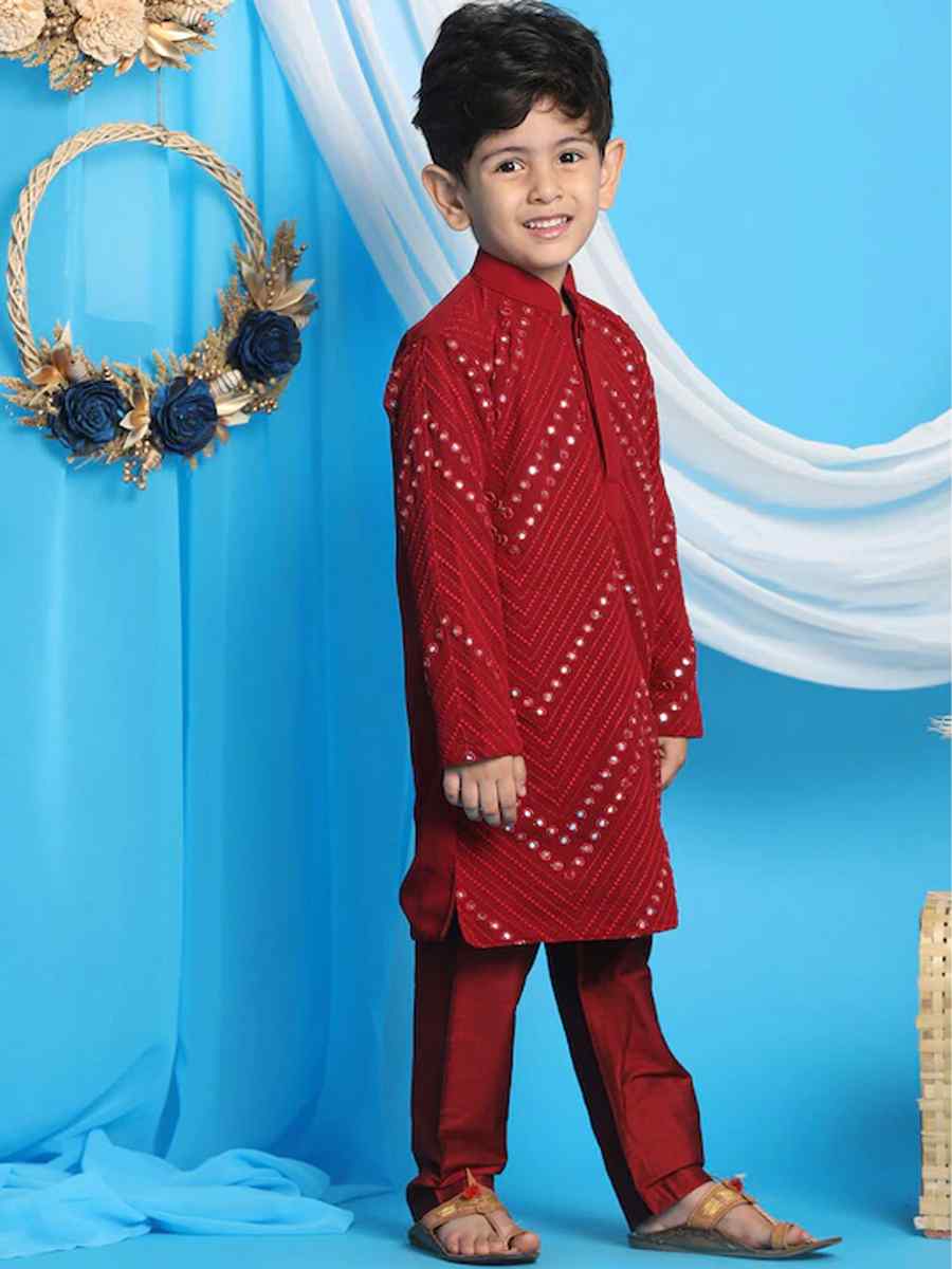 Maroon Georgette Sequins Festival Traditional Kurta Pyjama Boys Wear