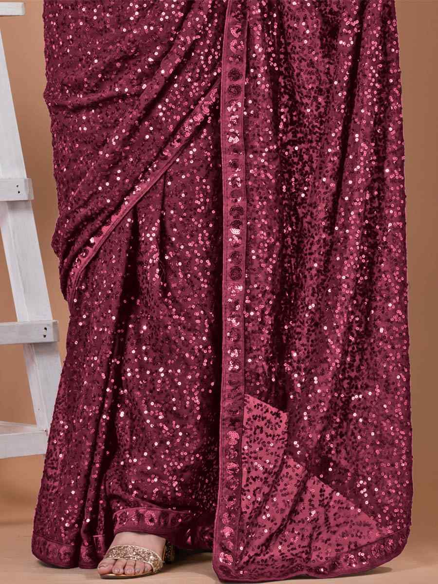 Maroon Georgette Sequins Party Festival Classic Style Saree