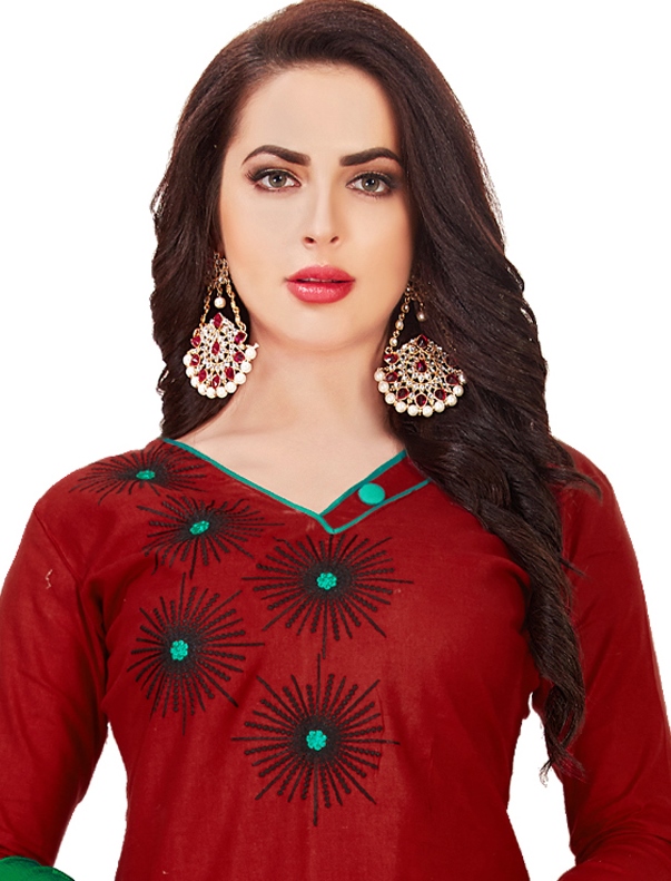 Maroon Glass Cotton Embroidered Casual Party Churidar Salwar Kameez
