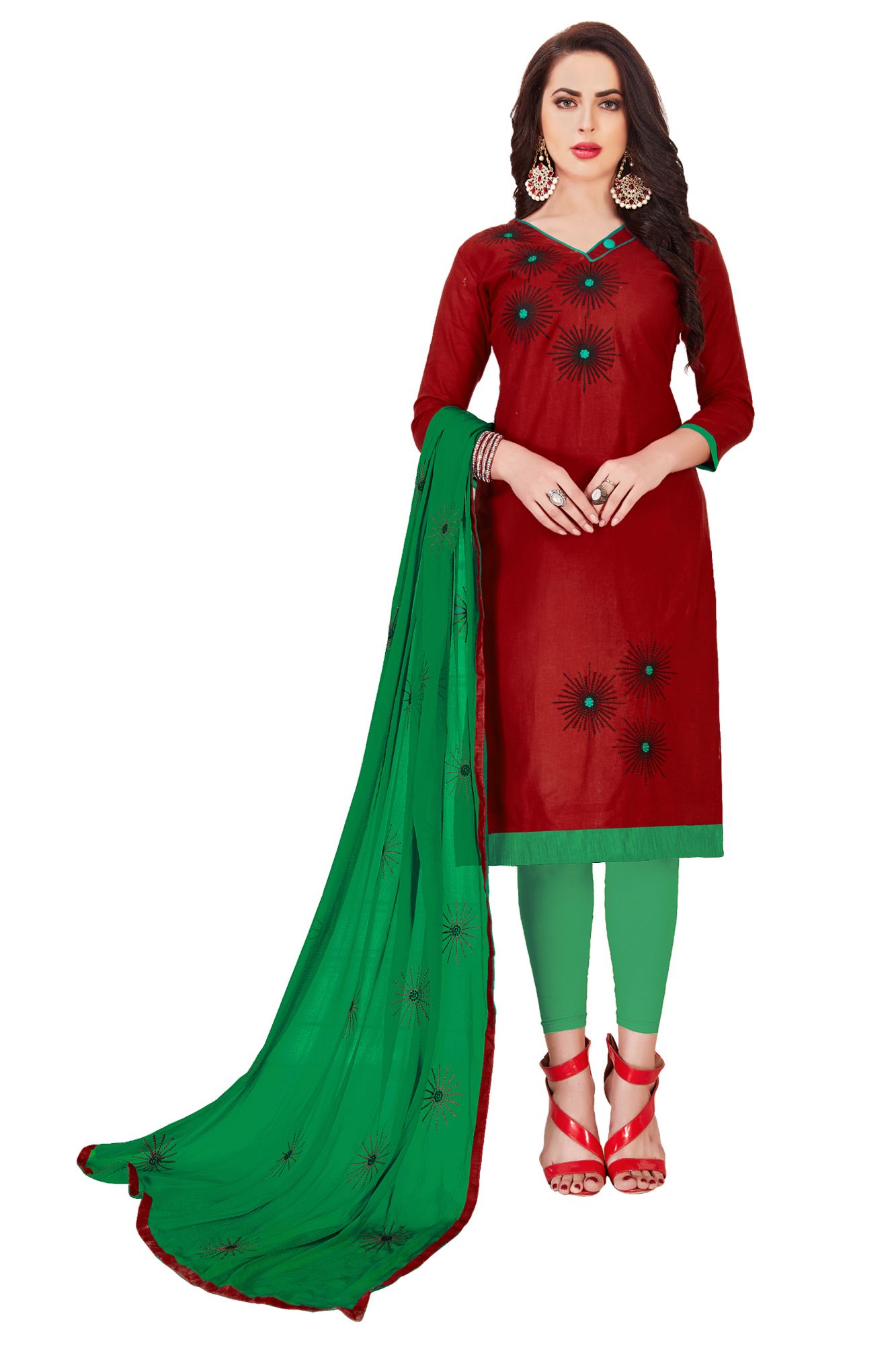 Maroon Glass Cotton Embroidered Casual Party Churidar Salwar Kameez