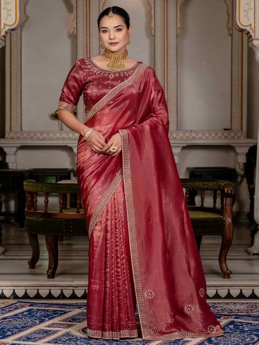 Maroon Gold Crush Silk Embroidered Festival Wedding Fancy Heavy Border Saree
