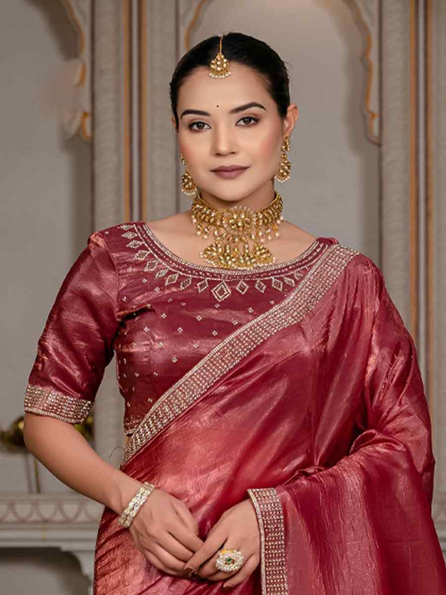 Maroon Gold Crush Silk Embroidered Festival Wedding Fancy Heavy Border Saree