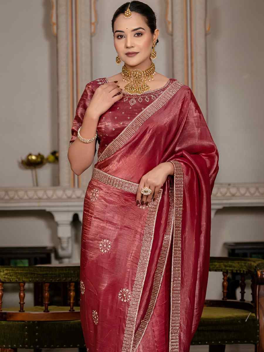 Maroon Gold Crush Silk Embroidered Festival Wedding Fancy Heavy Border Saree