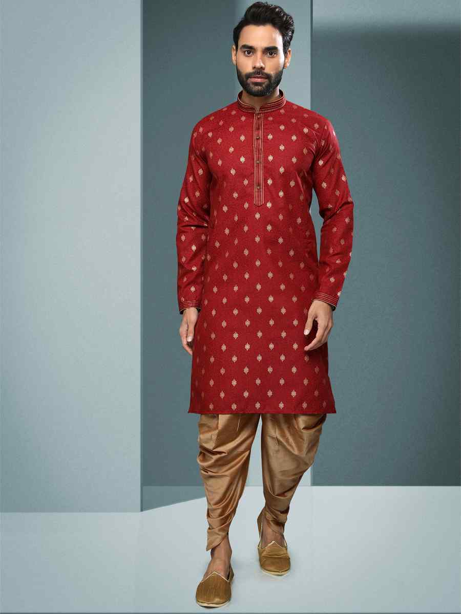 Maroon Hand Loomed In Rich Yarns Of Cotton Printed Festival Kurta
