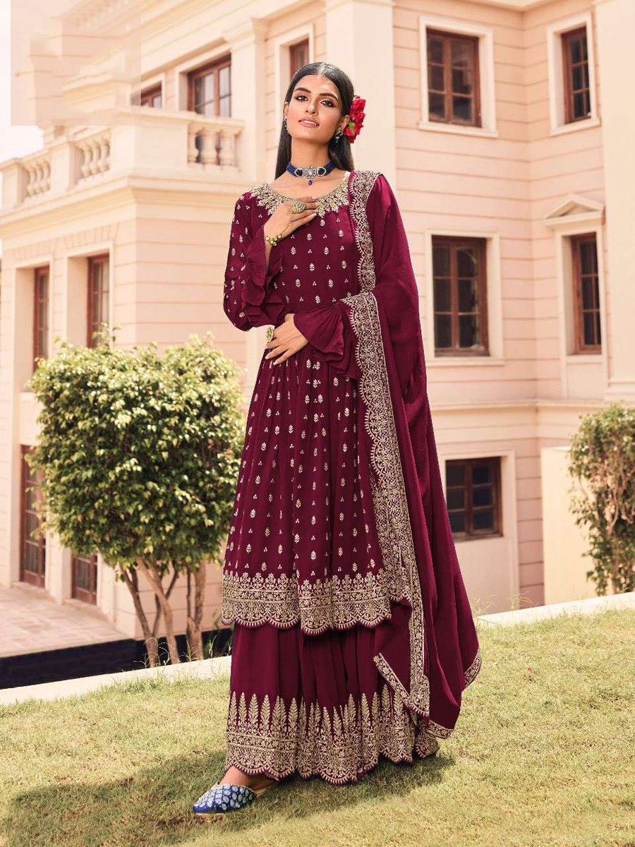 Maroon Heavy Bloomin Faux Georgette Embroidered Party Palazzo Pant Kameez