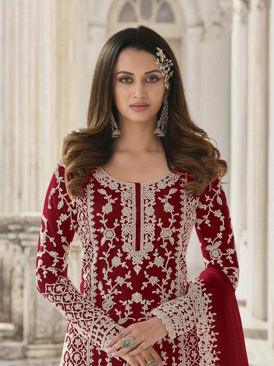 Maroon Heavy Butterfly Net Embroidered Festival Wedding Palazzo Pant Salwar Kameez