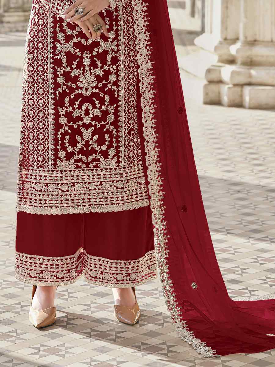 Maroon Heavy Butterfly Net Embroidered Festival Wedding Palazzo Pant Salwar Kameez