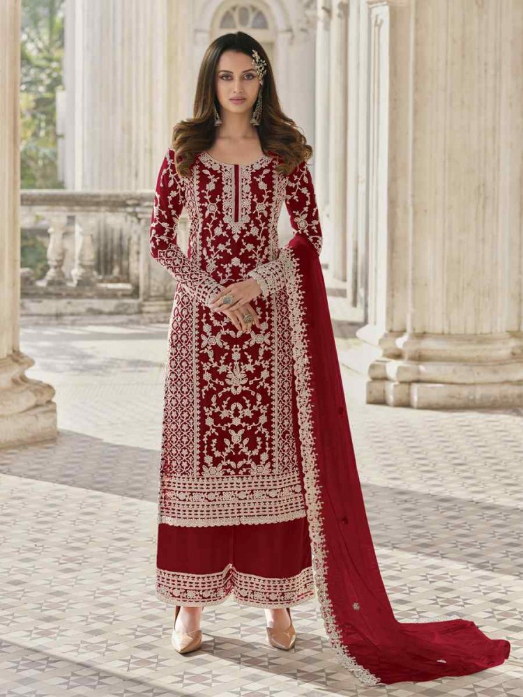 Maroon Heavy Butterfly Net Embroidered Festival Wedding Palazzo Pant Salwar Kameez