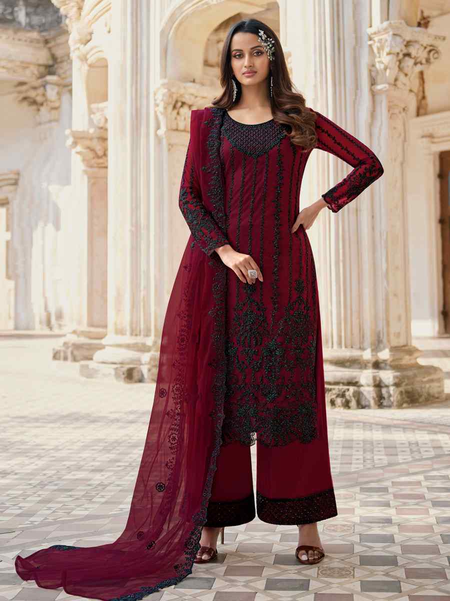 Maroon Heavy Butterfly Net Embroidered Wedding Festival Palazzo Pant Salwar Kameez