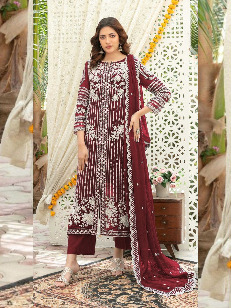 Maroon Heavy Chiffon Embroidery Wedding Party Festival Casual Palazzo Pant Salwar Kameez
