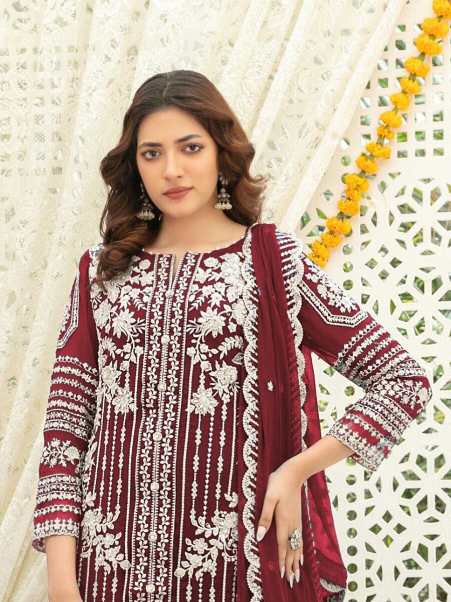 Maroon Heavy Chiffon Embroidery Wedding Party Festival Casual Palazzo Pant Salwar Kameez
