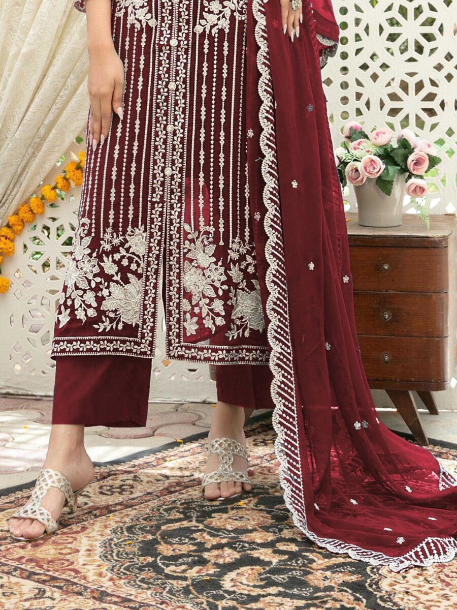 Maroon Heavy Chiffon Embroidery Wedding Party Festival Casual Palazzo Pant Salwar Kameez