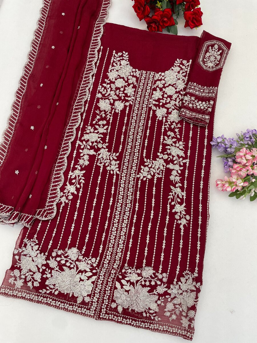 Maroon Heavy Chiffon Embroidery Wedding Party Festival Casual Palazzo Pant Salwar Kameez