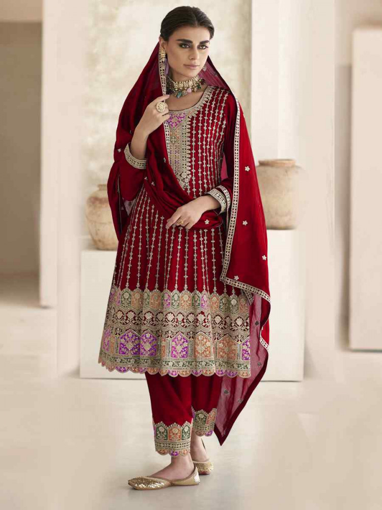 Maroon Heavy Chinon Embroidered Festival Mehendi Ready Patiala Salwar Kameez