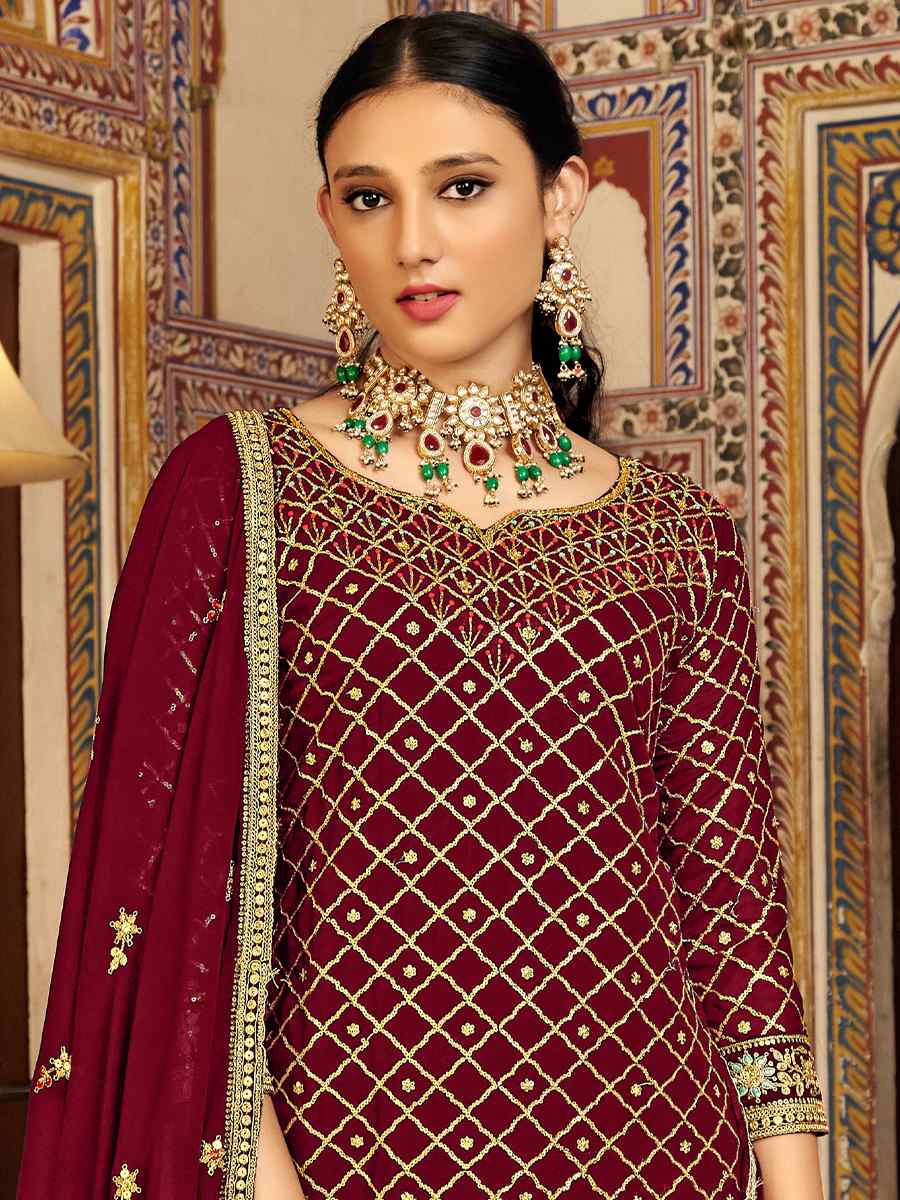 Maroon Heavy Chinon Embroidered Festival Wedding Palazzo Pant Salwar Kameez