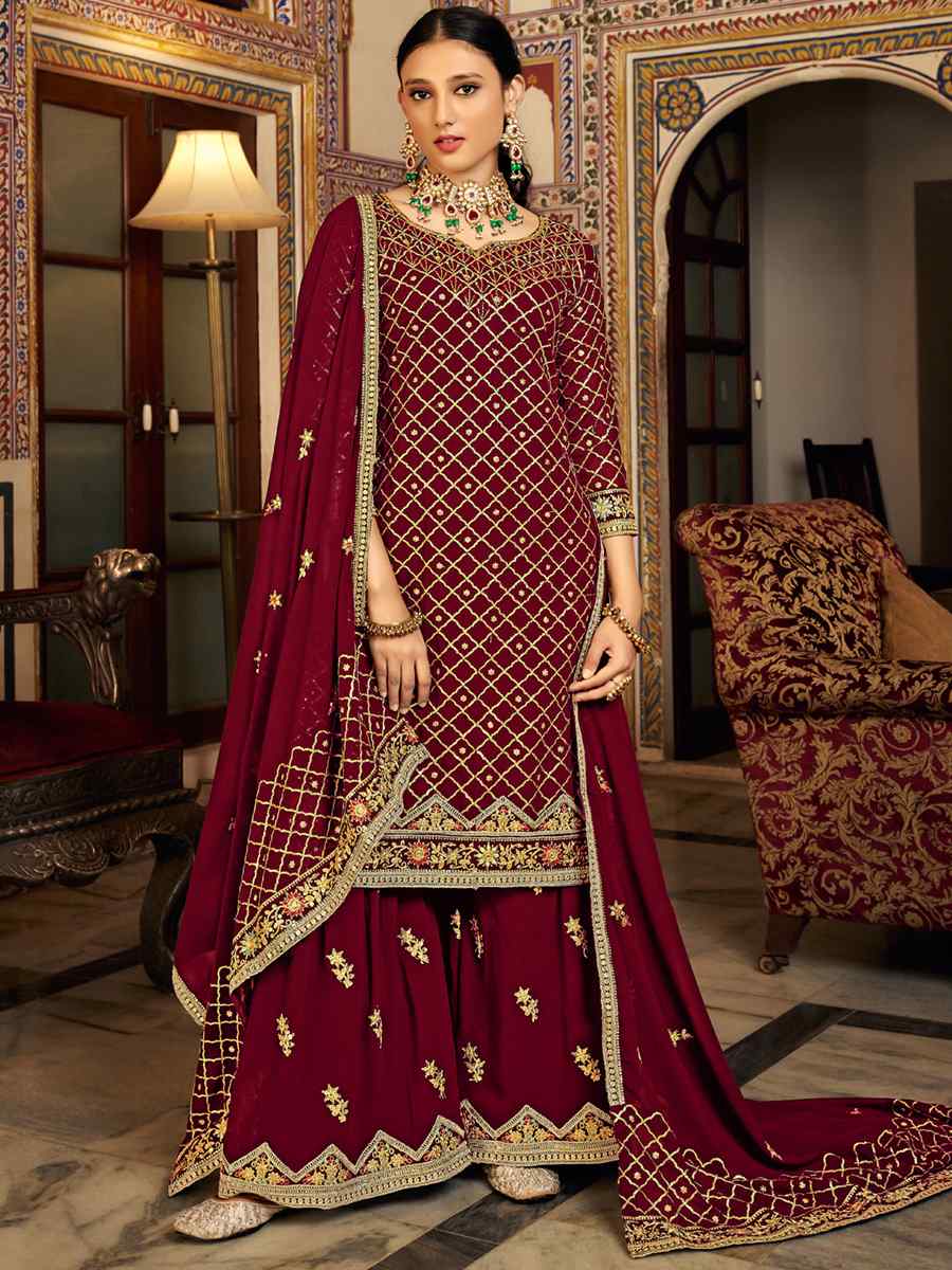 Maroon Heavy Chinon Embroidered Festival Wedding Palazzo Pant Salwar Kameez