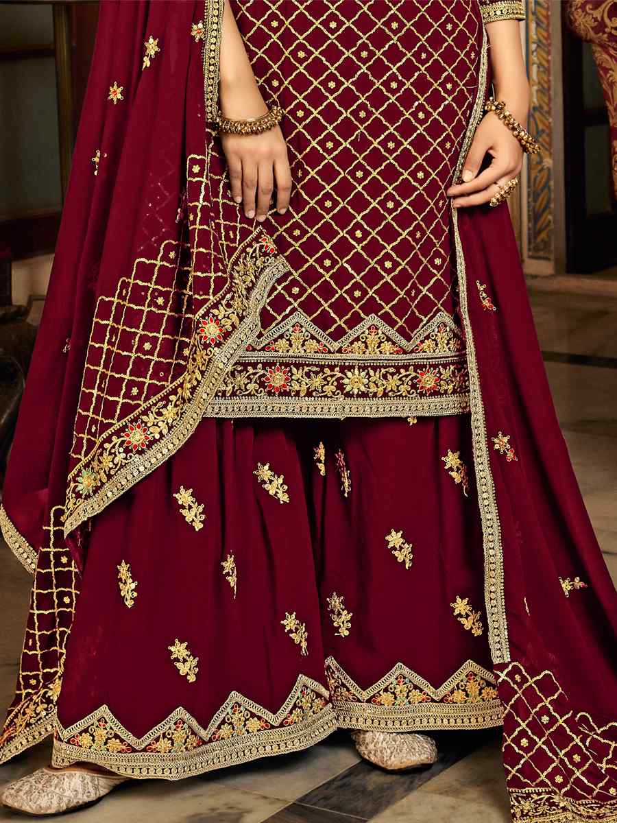 Maroon Heavy Chinon Embroidered Festival Wedding Palazzo Pant Salwar Kameez