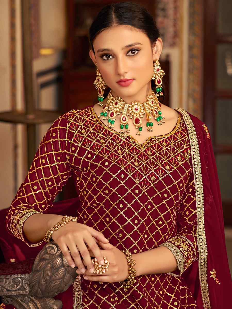 Maroon Heavy Chinon Embroidered Festival Wedding Palazzo Pant Salwar Kameez