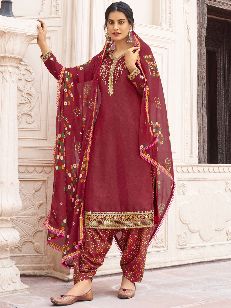 Maroon Heavy Crepe Embroidered Casual Festival Patiala Salwar Kameez