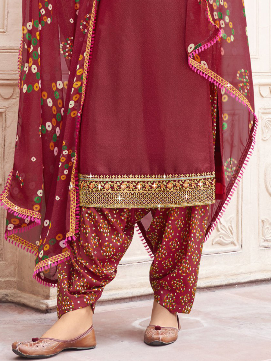 Maroon Heavy Crepe Embroidered Casual Festival Patiala Salwar Kameez