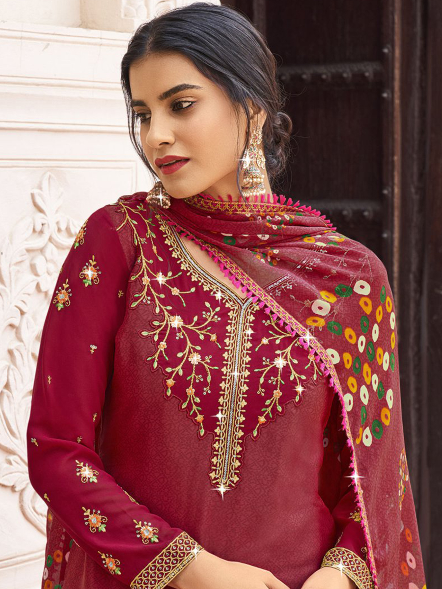 Maroon Heavy Crepe Embroidered Casual Festival Patiala Salwar Kameez