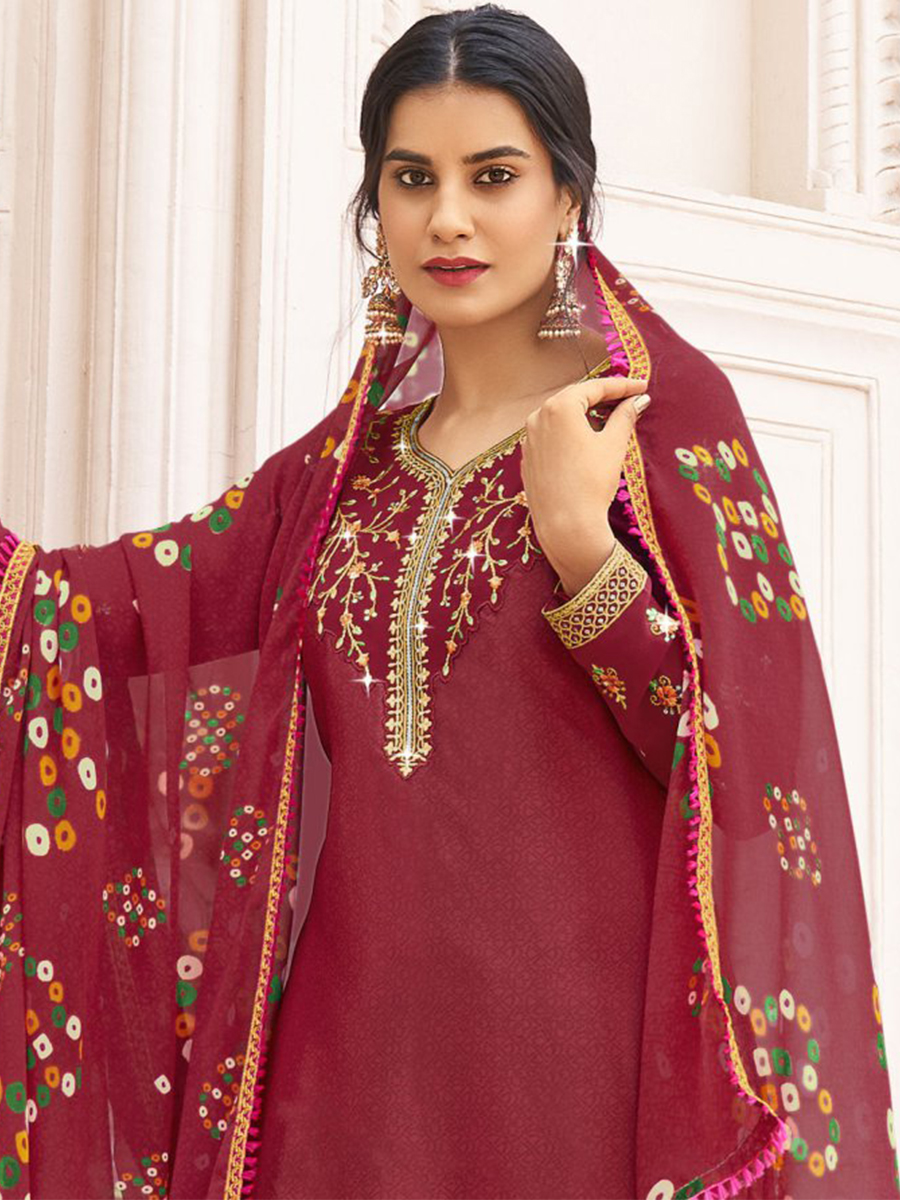 Maroon Heavy Crepe Embroidered Casual Festival Patiala Salwar Kameez