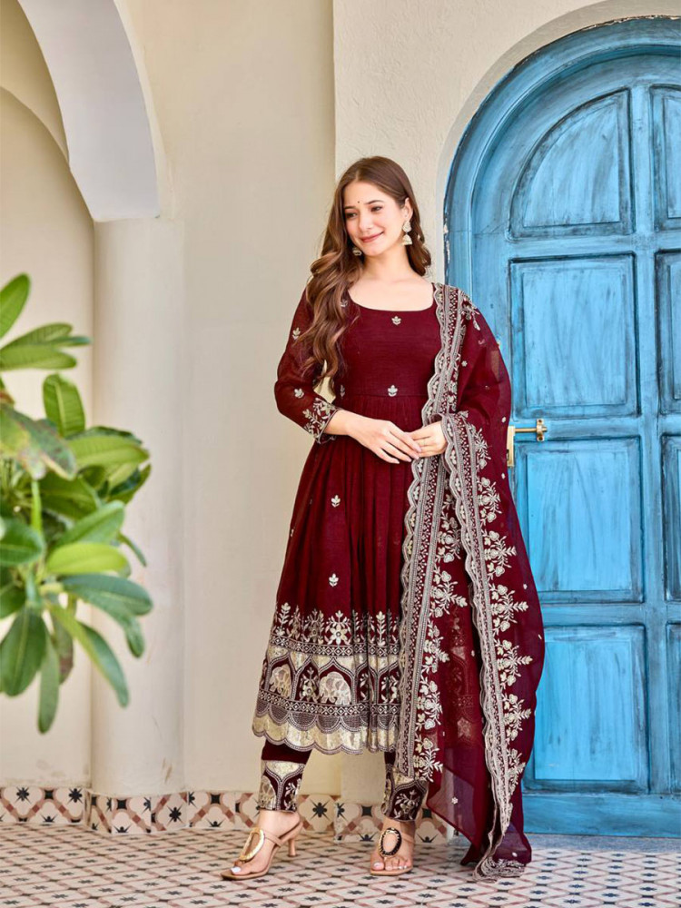 Image of Maroon Heavy Crunchy Silk Embroidery Festival Party Wedding Ready Anarkali Pant Salwar Kameez