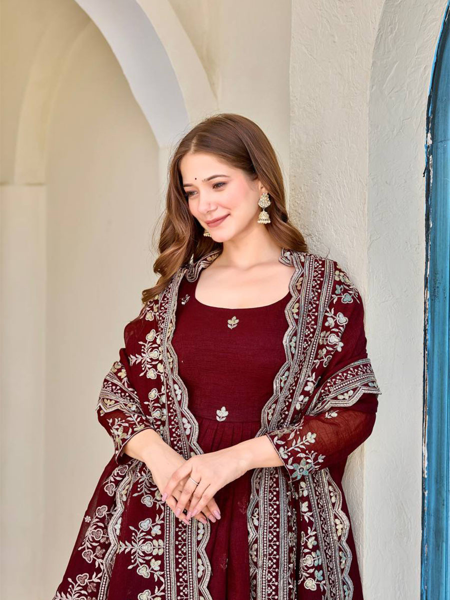 Maroon Heavy Crunchy Silk Embroidery Festival Party Wedding Ready Anarkali Pant Salwar Kameez